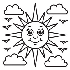 Smiling Sun with Clouds and Hearts | Summer Line Art Coloring Page