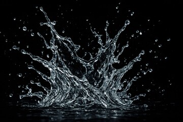 Fototapeta premium Dynamic Water Splash: Capturing the essence of motion, a splash of water bursts outwards against a stark, dark backdrop, showcasing the intricate beauty of fluid dynamics and the elegance of nature.