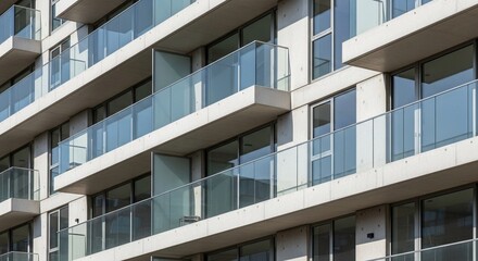 Contemporary urban architecture highlighting a repetitive pattern of angular, glass-fronted residential balconies.
