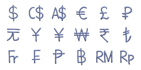 3d currency symbol set Dollar euro pound ruble yuan yen won rupee lira franc peseta baht ringgit rupiah