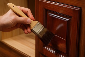 Wood Staining: Close-up of a hand applying dark wood stain to a rich, dark wood cabinet door using a paintbrush.