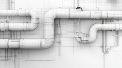 Detailed blueprint of industrial piping system with intricate designs and layout plans in monochrome colors