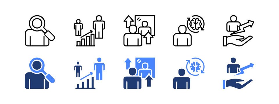 Life transformation icon set with Exploration, Human Evolution, Self Reflection, Mindset, Personal Development.