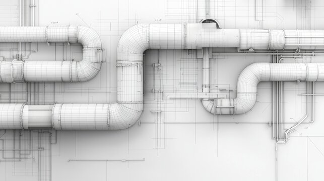 Detailed blueprint of industrial piping system with intricate designs and layout plans in monochrome colors
