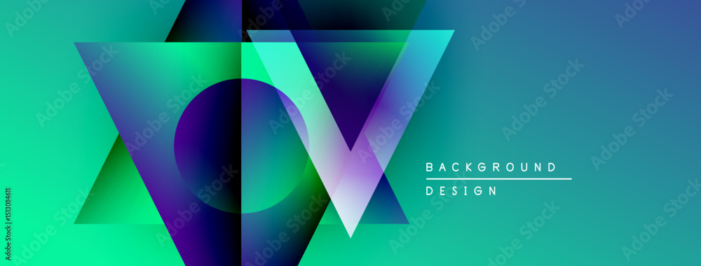 Poster abstract geometric shapes overlap, creating vibrant gradients. teal, purple hues dominate design. te