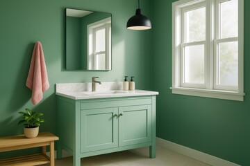 Serene Bathroom Interior: A harmonious bathroom interior features a pale green vanity, a sleek mirror, and a window that fills the space with natural light.