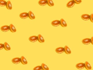 A hand holding a fresh and juicy orange, perfect for summer designs. There is a plain background...