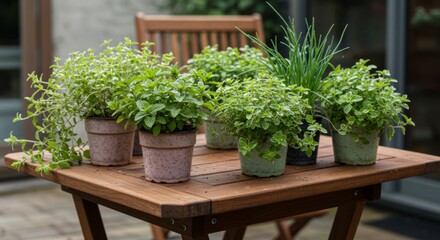 Fototapeta premium Assortment of Potted Herbs on Wooden Table