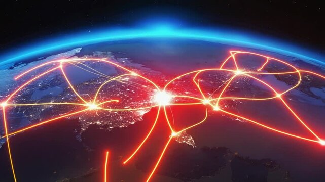 Satellite Earth night, glowing city networks flickering red digital virus spreads one continent to another, flight shipping zones data meets cinematic thriller moody blue red orchestral score energy - Powered by Adobe