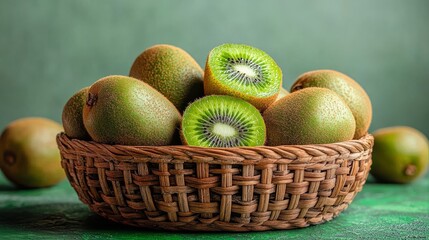 Abundance of Fresh Kiwi Fruit in a Woven Basket, Vibrant Green Background and Healthful Eating Concept