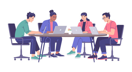 Collaborative Teamwork in Modern Workspace Diverse Professionals Brainstorming Ideas with Laptops Around a Table for Creative Solutions, Innovation, and Productivity in Office Environment