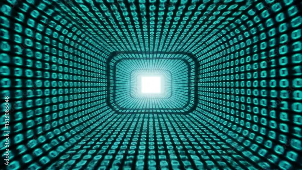 Poster teal binary code forms a digital tunnel leading to a bright white light source in black background