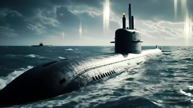Two Submarines on Wavy Teal Ocean Under Dramatic Cloudy Sky With Faint Vertical Beams