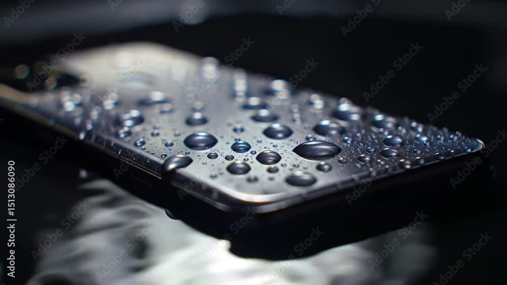Poster water splashing on dark smartphone shows liquid motion on dark surface creating captivating reflecti