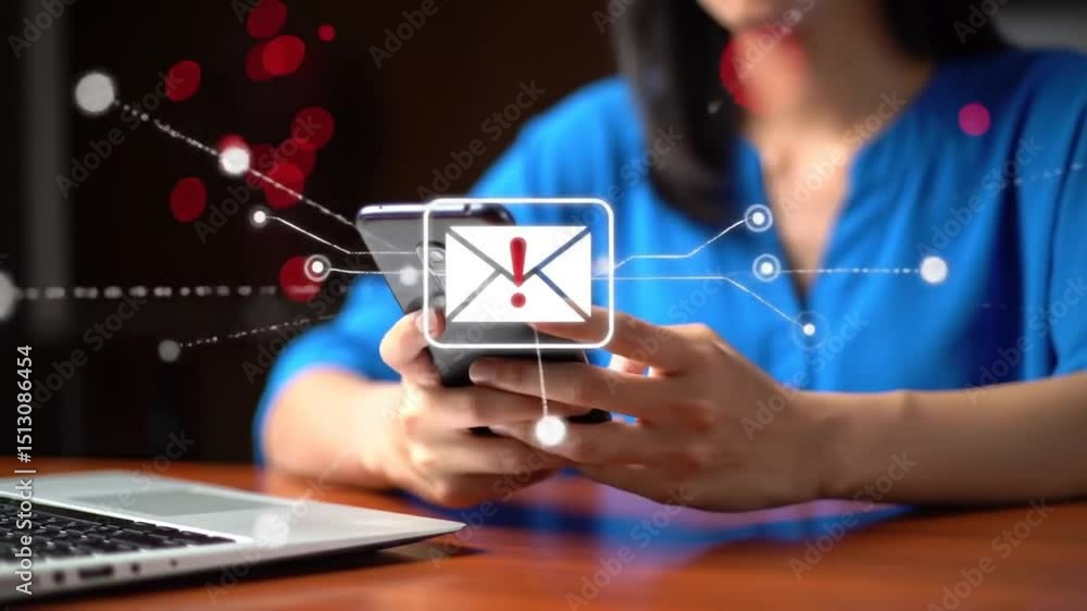 Poster woman holds phone displaying error message with red alert and cybersecurity data connections