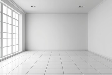 Fototapeta premium Empty white tile floor isolated on white background. A large, empty room with white walls and a white floor.
