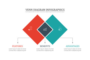 Infographic Venn diagram chart template for business 3 parts, content, presentation with vector illustration of Venn diagram elements.