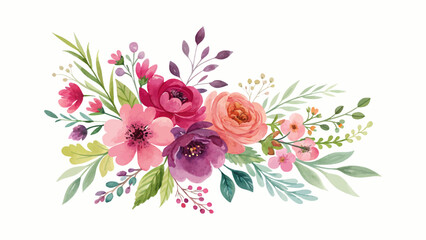 Fototapeta premium Romantic watercolor bouquet of carnations, lilies, and spring flowers in a horizontal border format for elegant Mother's Day or wedding invitation design templates and print materials
