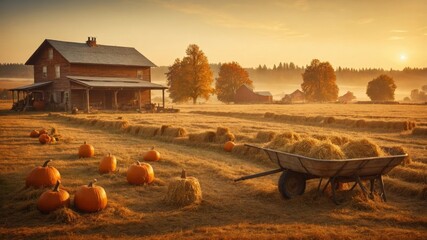 Autumn Harvest Pumpkin Patch: Golden Hour, Farmhouse, Painterly Realism