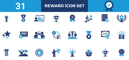 Fototapeta premium Solid Reward Icons Collection Achievement, Prize, Gift Box, Certificate and Awards, Medals, Gifts, Trophies, Badges, and Achievements
