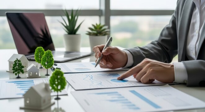 Businessman analyzing real estate investment data and financial reports on an office desk.