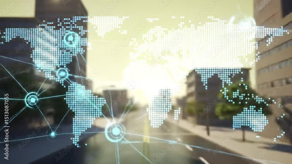 Poster world map overlay on a blurred cityscape with digital network connections for global connectivity an