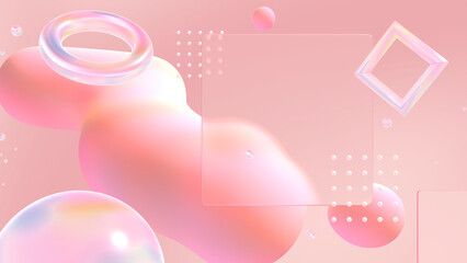 ガラスや流体が浮かぶグラスモーフィズム風の立体空間 - ピンク