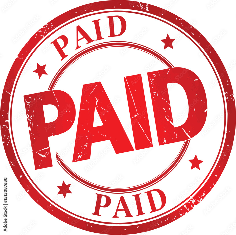 Poster a red paid stamp with stars and a circular border on a transparent background indicating payment sta