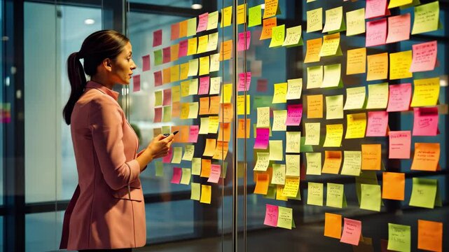 A focused woman participates in an innovation brainstorming session surrounded by colorful post-it notes in a modern office setting during the late afternoon