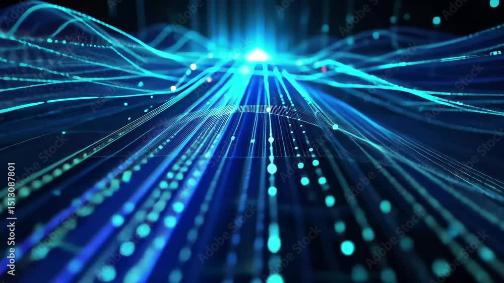 Poster abstract representation of glowing blue lines forming an intricate data system, showcasing a futuris