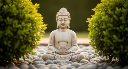 Serene Buddha Statue Meditating in Tranquil Garden with Green Bushes and River Stones