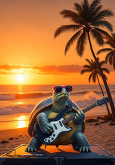 Cool Turtle with Sunglasses Playing Electric Guitar on Tropical Beach at Sunset – Fun Summer Vibes, Musical Animal, Island Concert, Vacation Party Concept