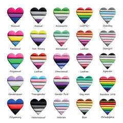 Set of colorful 3d LGBTQ+ pride flag heart shape Gender equality and sexual identity pride flags collection LGBTQIA community pride month