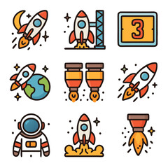 Colorful Rocket Launch Icons: Space Exploration and Adventure Graphics