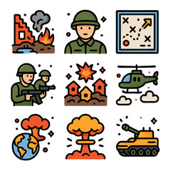 Military Conflict Icons: Soldiers, Explosions, and Warfare