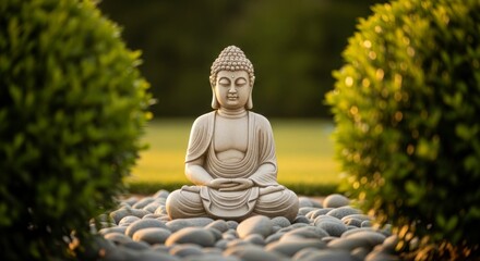 Serene buddha statue meditating on river stones surrounded by green garden bushes.