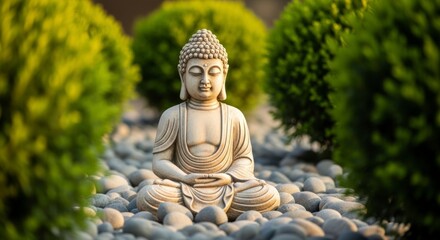 Serene Buddha statue sits among smooth gray river stones framed by vibrant green bushes