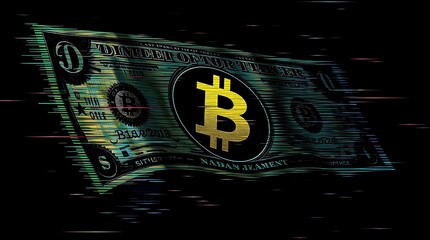 A stylized, digitally-altered image of a US dollar bill with a yellow Bitcoin symbol superimposed over it, against a black background with streaks of colorful digital noise