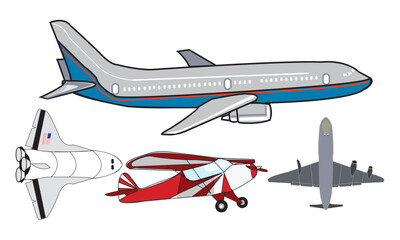 Set of 4 airplane silhouette top view vector illustration. Black airplane icon isolated on white background