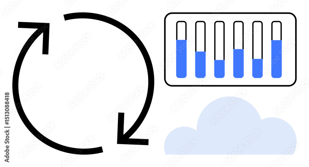 Poster circular arrows, cloud, and bar graph highlight continuous process automation, cloud storage, and da