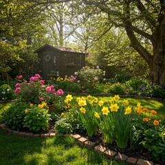Obraz premium Vibrant Spring Garden with Blooming Flowers and Rustic Shed