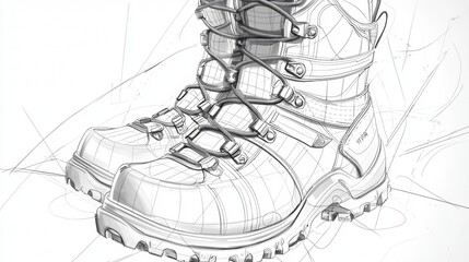 Detailed design sketch of hiking boots highlighting features and construction techniques for outdoor enthusiasts and designers