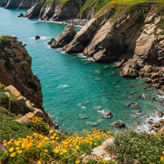 Vibrant Yellow Flowers Adorn Rocky Coastline with Turquoise Waters