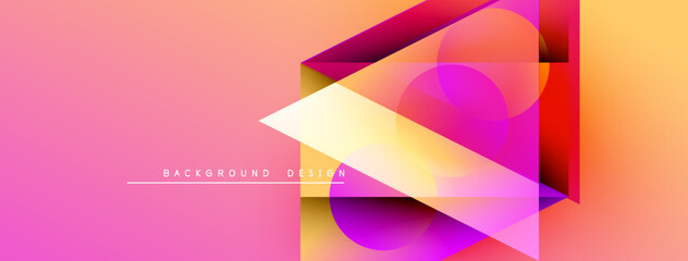 Abstract geometric shapes overlap, creating vibrant gradient effect. Pink, orange, purple hues dominate design. Minimal text present.