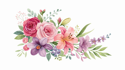 Watercolor illustration of floral botanical composition with leaves and abstract roses. Ideal for weddings, greeting cards, and nature-inspired artistic designs and decorations.