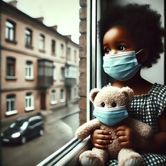 Young Girl with Teddy Bear at Window Wearing Protective Masks. Generative AI