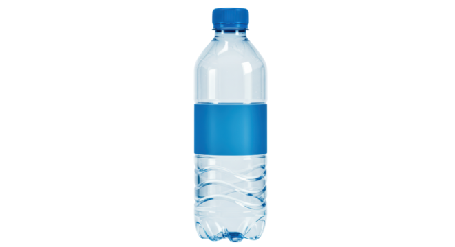 Isolated Clear Plastic Water Bottle with Blue Label and Refreshing Content