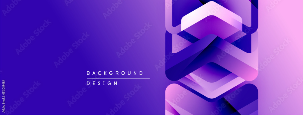 Aufkleber abstract purple gradient background. geometric shapes overlap creating modern design. text reads bac