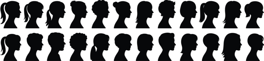 Silhouette Vector Illustrations of Women’s Head Profiles – Diverse Female Face Shapes Side View Collection