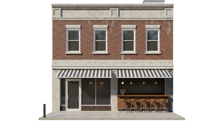 Isolated Two-Story Brick Building Facade with Awning and Bar Setup